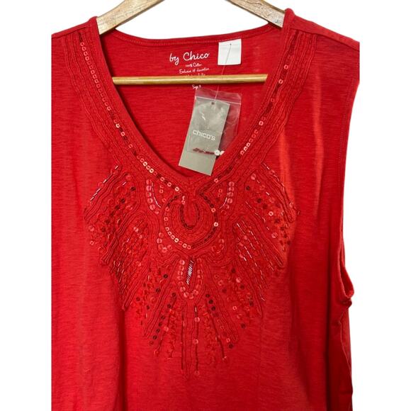 Chico's Salsa Red V-Neck Soutache Sleeveless Knit Top Sequins Sz XL 16 New $65 - Picture 3 of 7